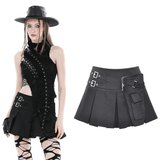 Chic Pleated Mini Skirt featuring Punk Rock Buckle Accents