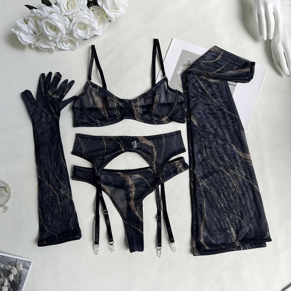 Chic Sheer Mesh Lingerie Set with Garter Belts and Gloves - EVE's SECRETS