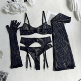Chic Sheer Mesh Lingerie Set with Garter Belts and Gloves - EVE's SECRETS