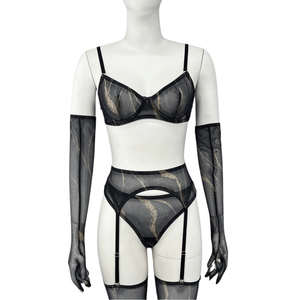 Chic Sheer Mesh Lingerie Set with Garter Belts and Gloves - EVE's SECRETS