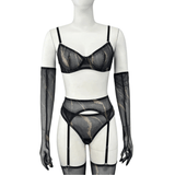 Chic Sheer Mesh Lingerie Set with Garter Belts and Gloves - EVE's SECRETS