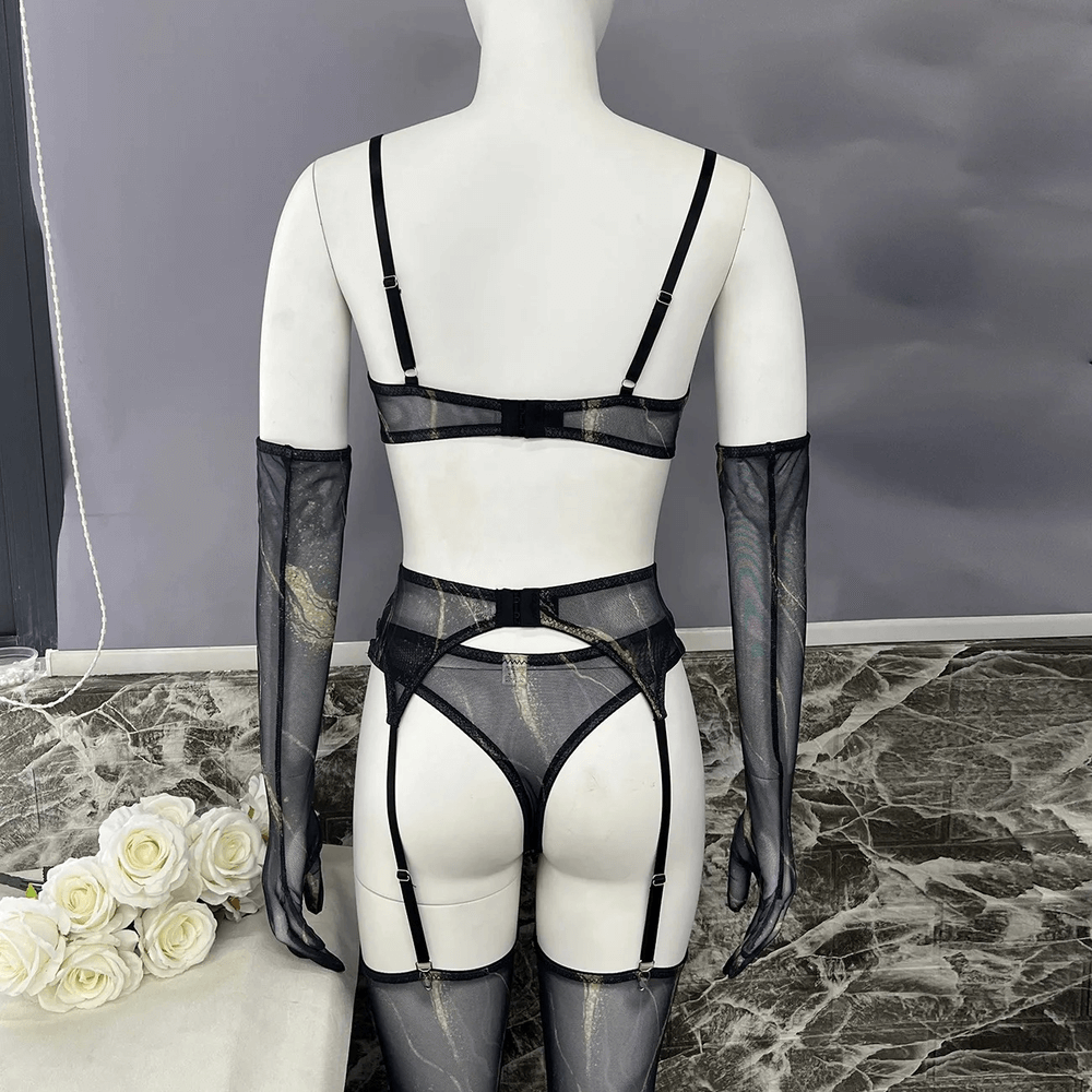 Chic Sheer Mesh Lingerie Set with Garter Belts and Gloves - EVE's SECRETS