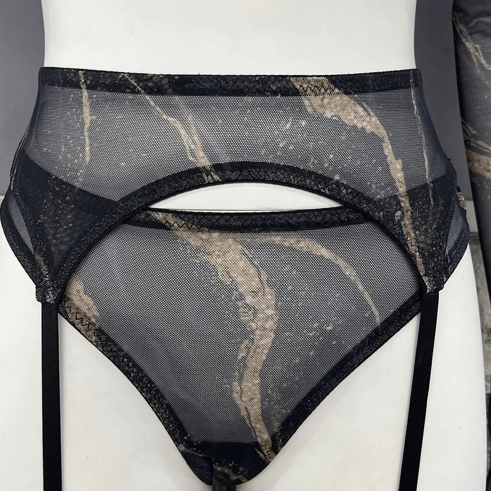 Chic Sheer Mesh Lingerie Set with Garter Belts and Gloves - EVE's SECRETS