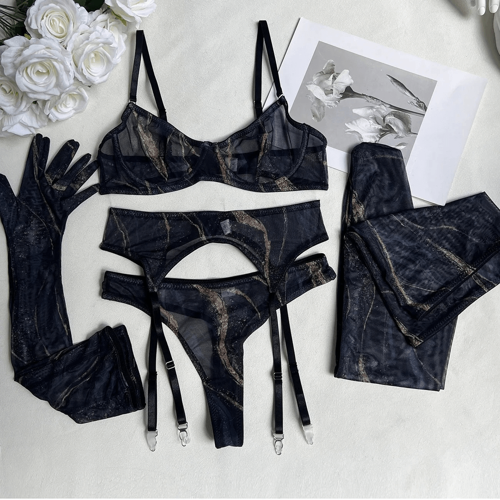 Chic Sheer Mesh Lingerie Set with Garter Belts and Gloves - EVE's SECRETS