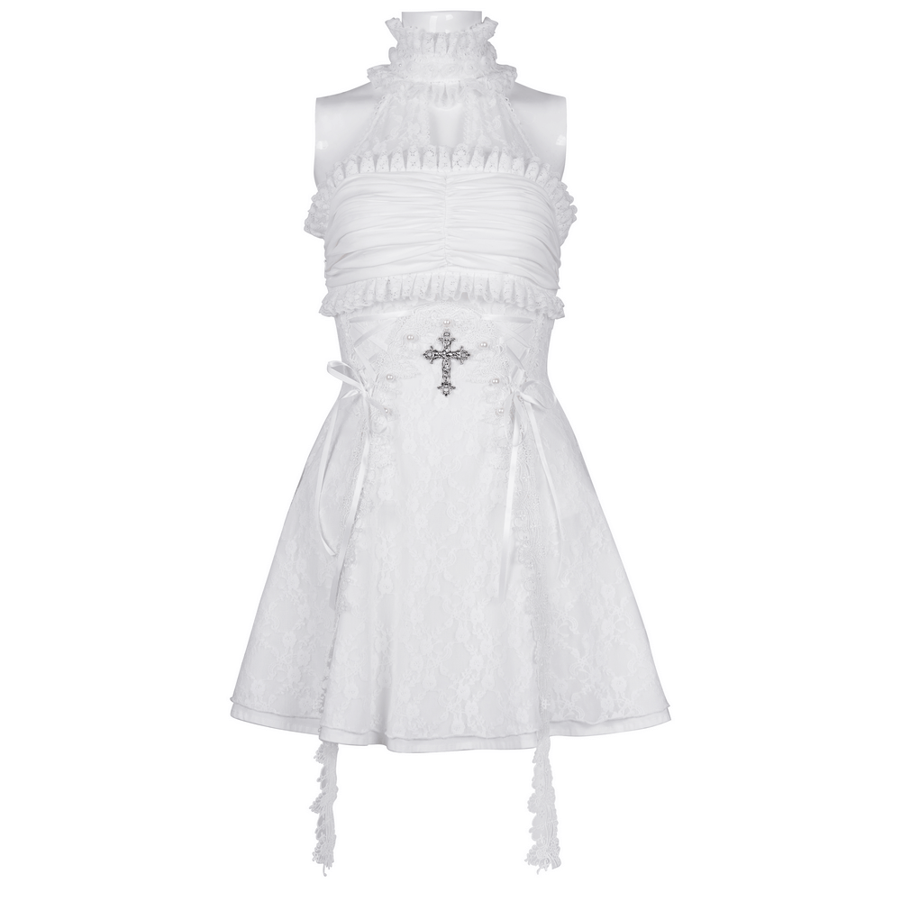 Chic White Halter Dress for Women with Ruffle Accents