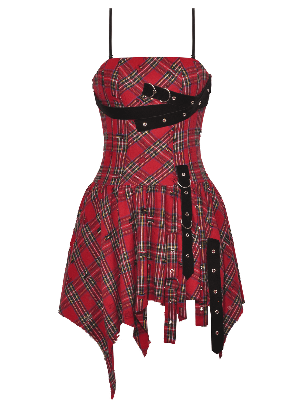 Corset Dress with Plaid Pattern and Punk-Style Strap Accents