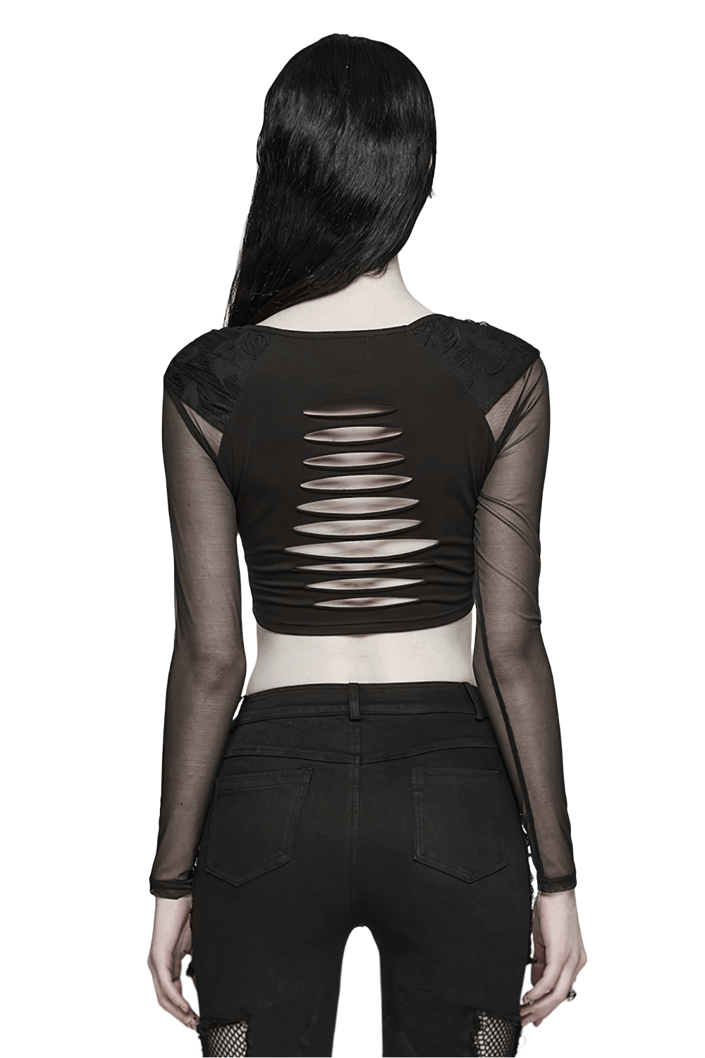 Crop Top Black with Mesh Sleeves and Skull Buckle