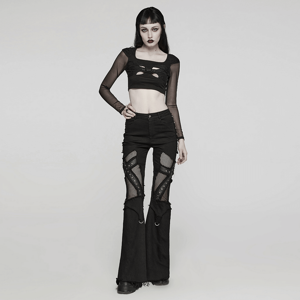 Crop Top Black with Mesh Sleeves and Skull Buckle