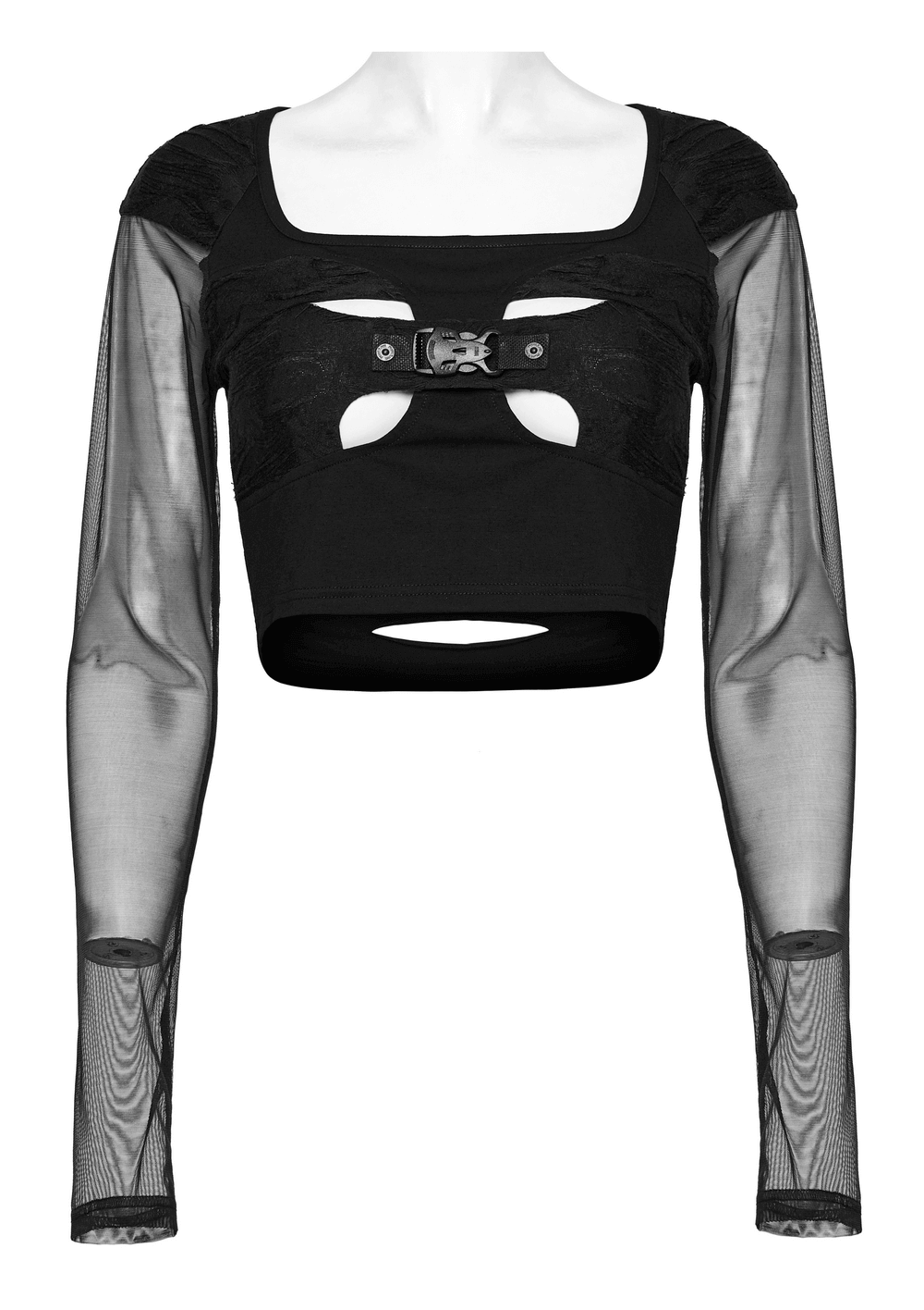 Crop Top Black with Mesh Sleeves and Skull Buckle
