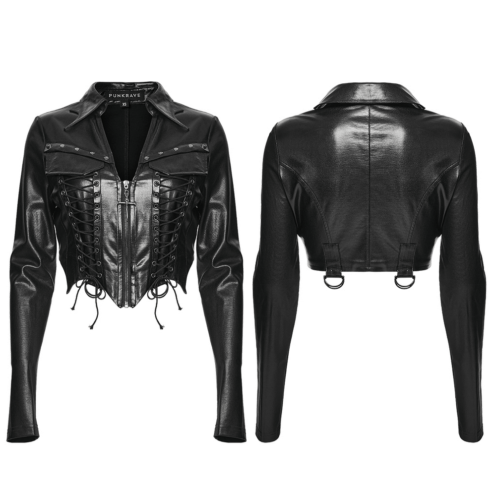 Cropped Jacket with Studded Rivets and Lace-Up Trim