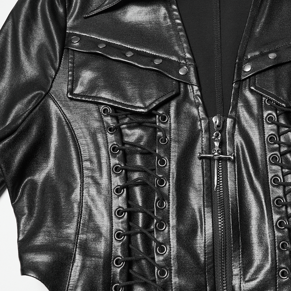 Cropped Jacket with Studded Rivets and Lace-Up Trim