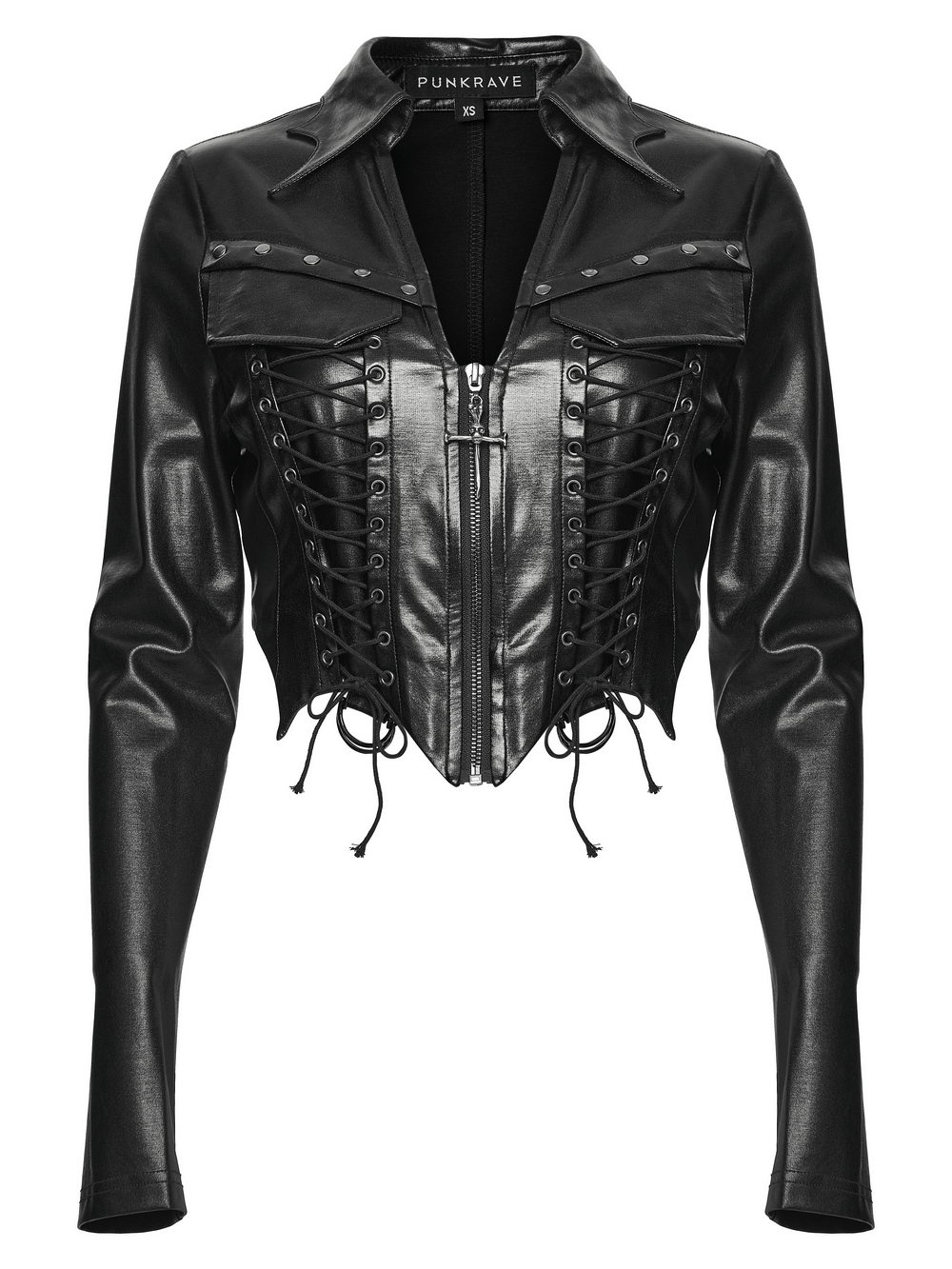 Cropped Jacket with Studded Rivets and Lace-Up Trim