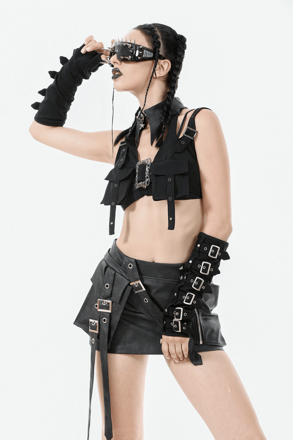 Cropped Top with Buckled Straps and Metal Accents