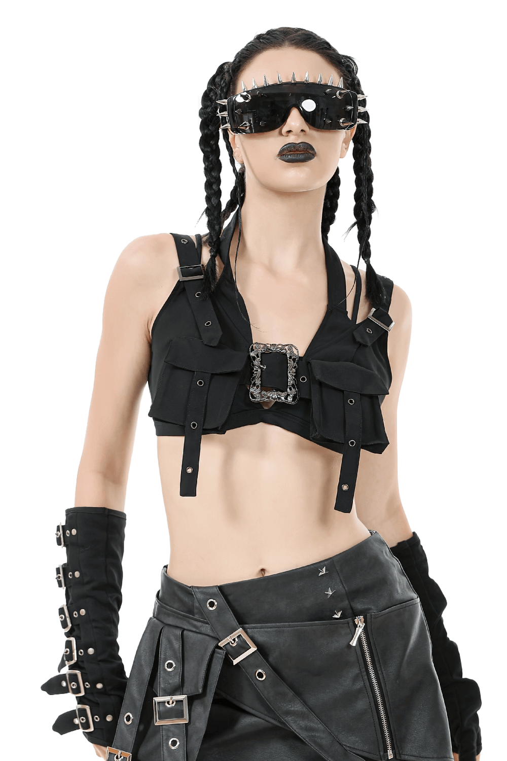 Cropped Top with Buckled Straps and Metal Accents