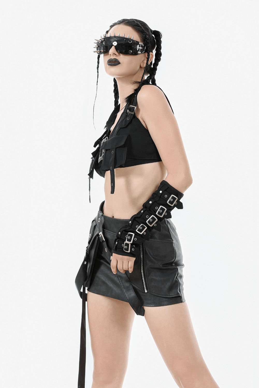 Cropped Top with Buckled Straps and Metal Accents