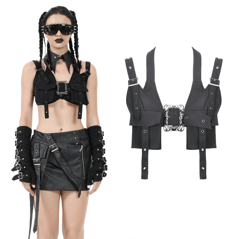 Cropped Top with Buckled Straps and Metal Accents