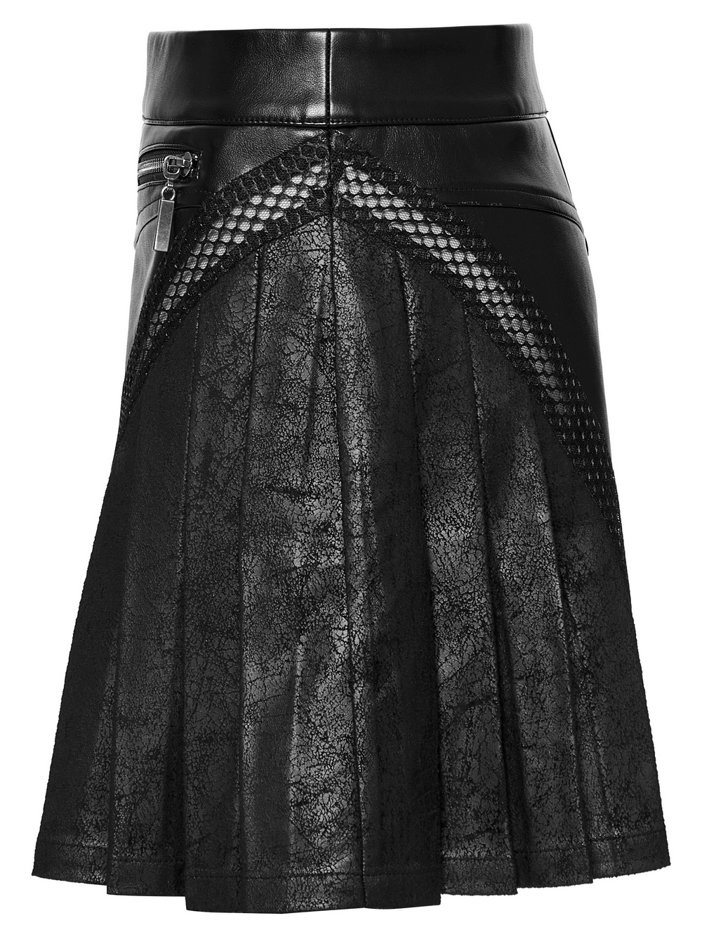 Custom Pleated Faux Leather Skirt with Mesh and Zipper Trim