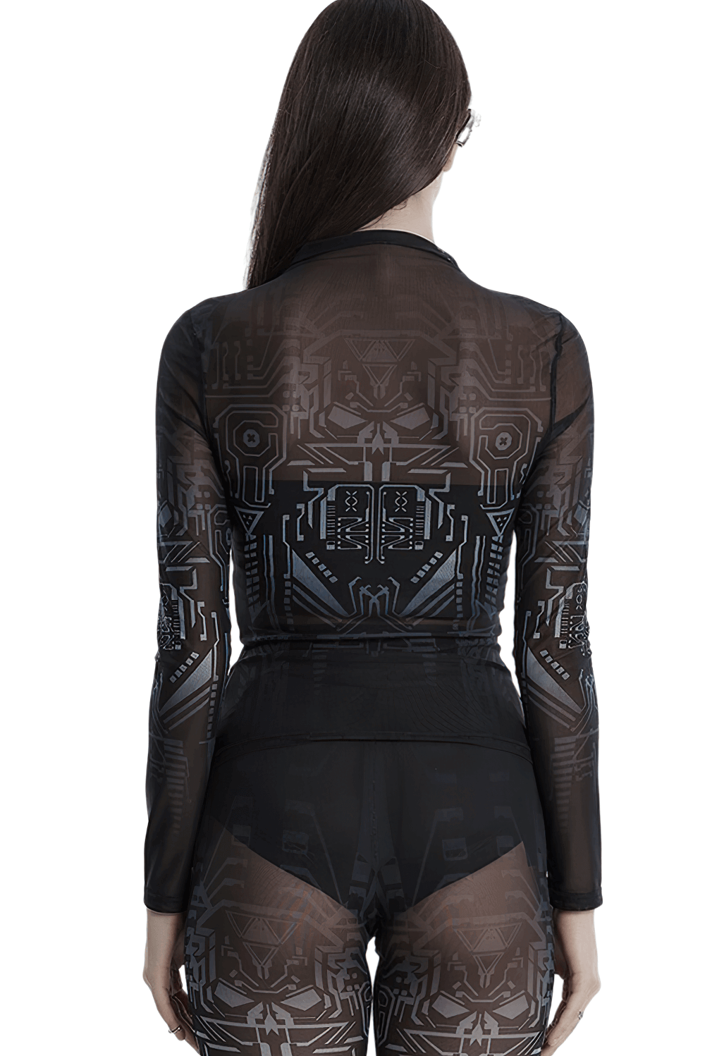 Cyberpunk Futuristic Mesh Long-Sleeve Top with Skull Design