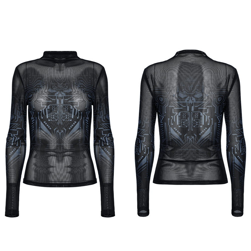 Cyberpunk Futuristic Mesh Long-Sleeve Top with Skull Design