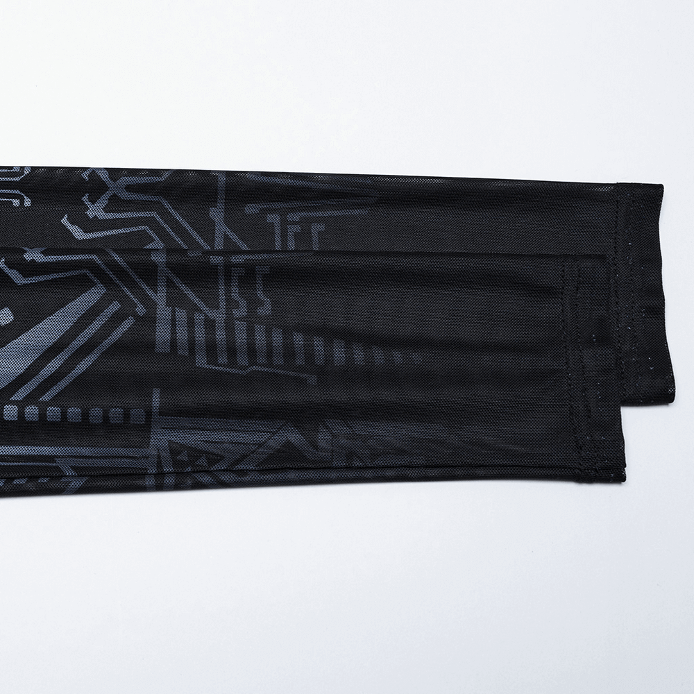 Cyberpunk Futuristic Mesh Long-Sleeve Top with Skull Design