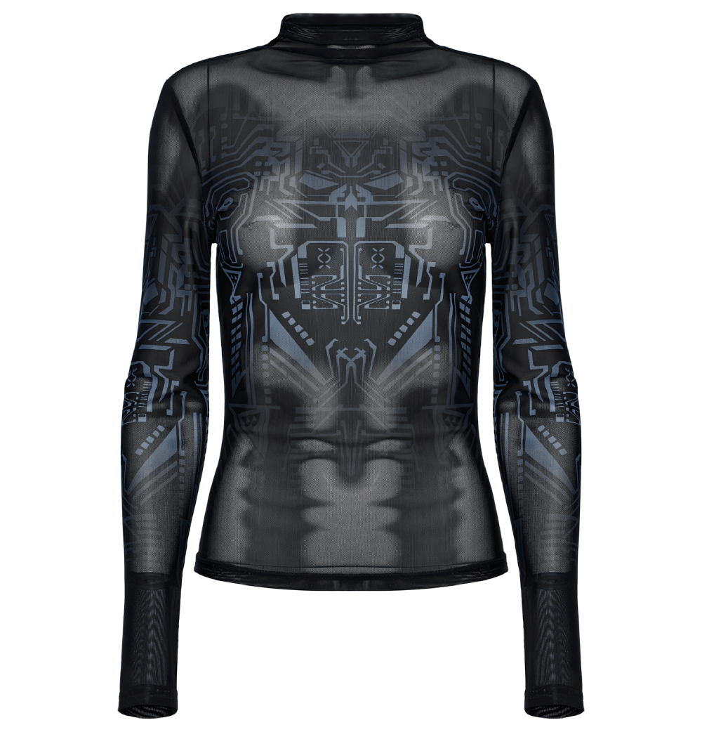 Cyberpunk Futuristic Mesh Long-Sleeve Top with Skull Design