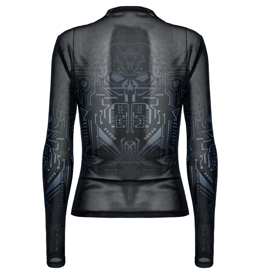 Cyberpunk Futuristic Mesh Long-Sleeve Top with Skull Design