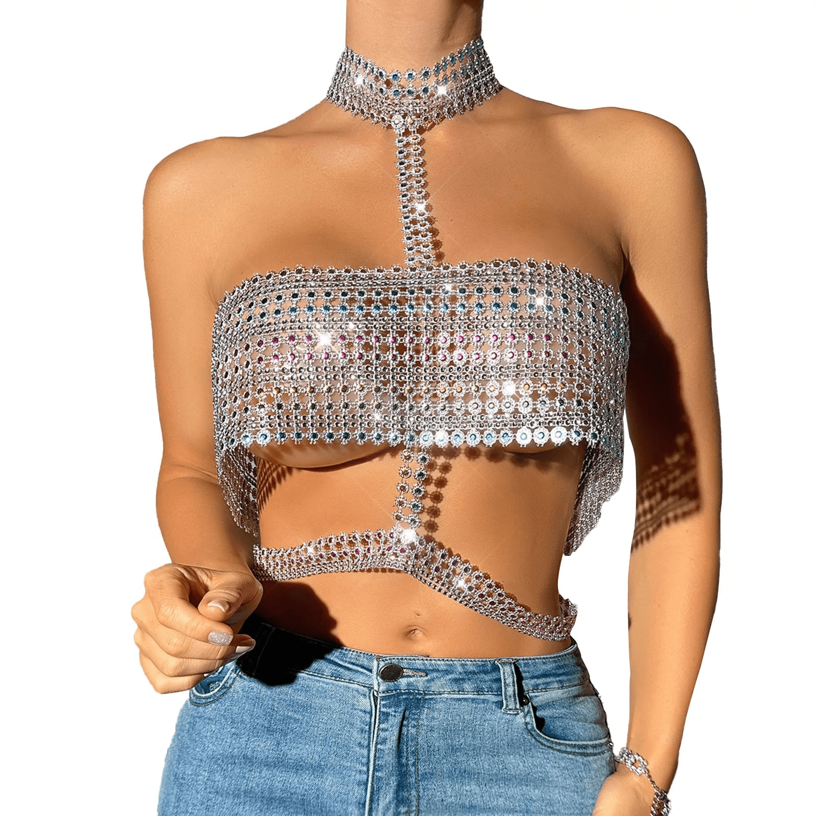Erotic Sparkling Rhinestone Halter Crop Top Glamour Wear