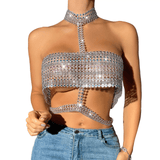 Erotic Sparkling Rhinestone Halter Crop Top Glamour Wear
