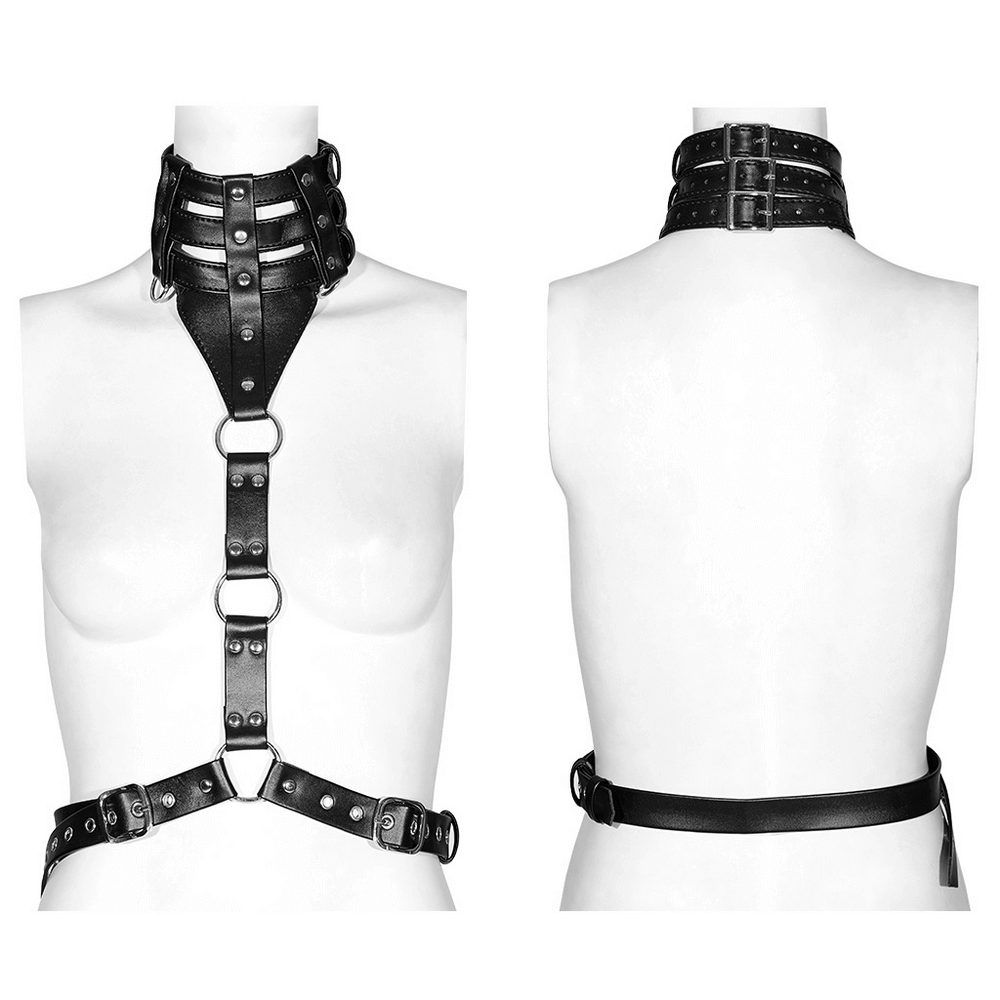 Daring PU Leather Body Harness with Choker for Women