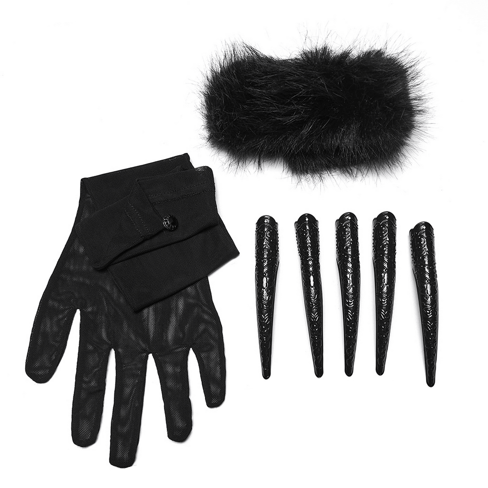 Dark Fluffy Gothic Gloves with Demon Claws and Edgy Cuffs