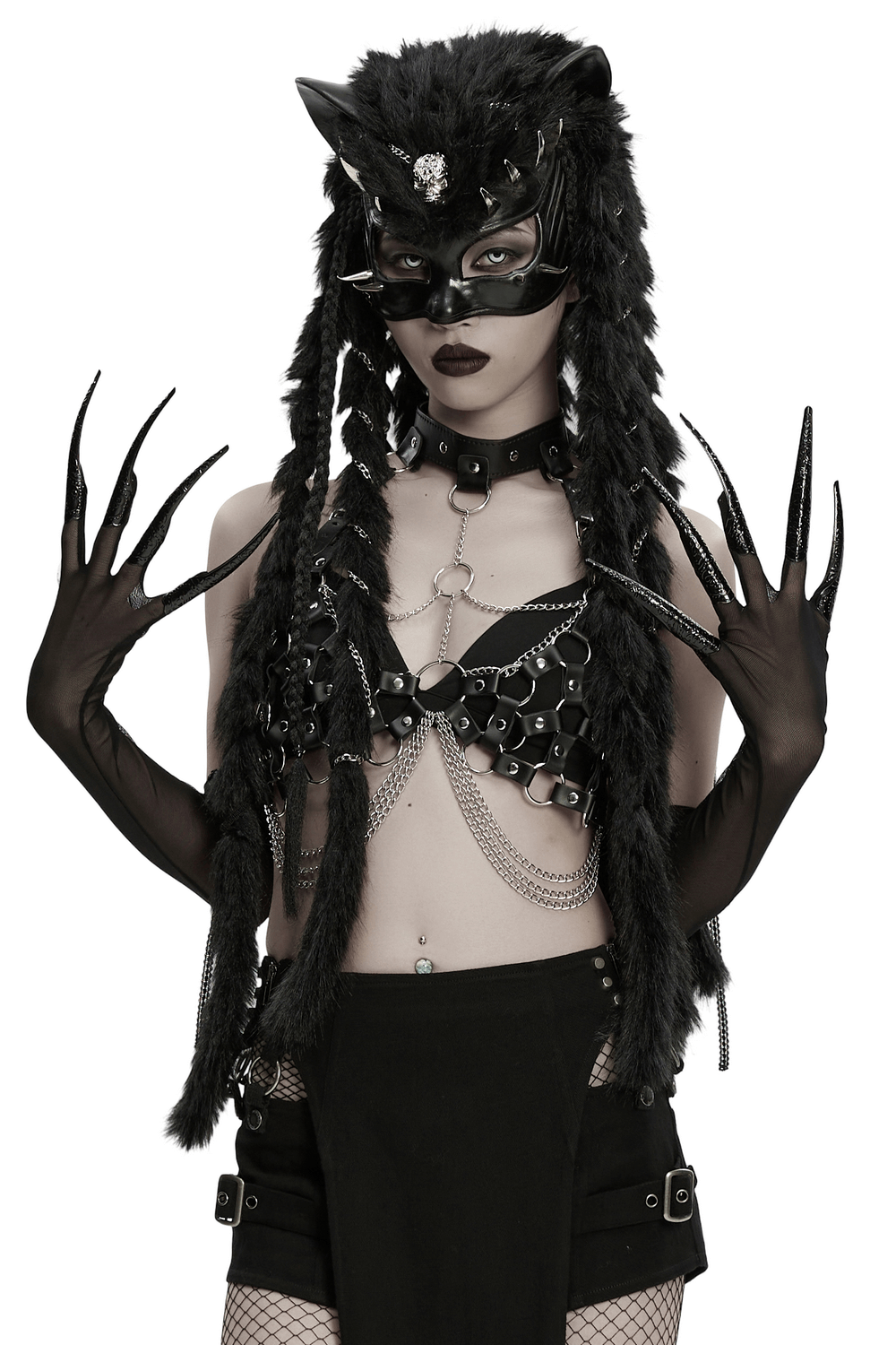 Dark Fluffy Gothic Gloves with Demon Claws and Edgy Cuffs