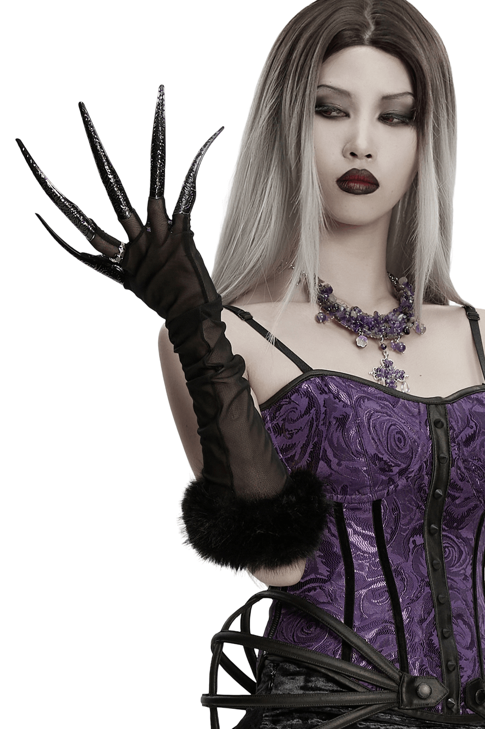 Dark Fluffy Gothic Gloves with Demon Claws and Edgy Cuffs