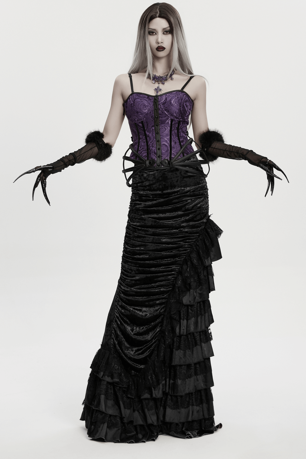 Dark Fluffy Gothic Gloves with Demon Claws and Edgy Cuffs
