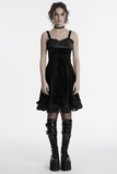 Dark Gothic Velvet Dress with Lace Trim and Frills