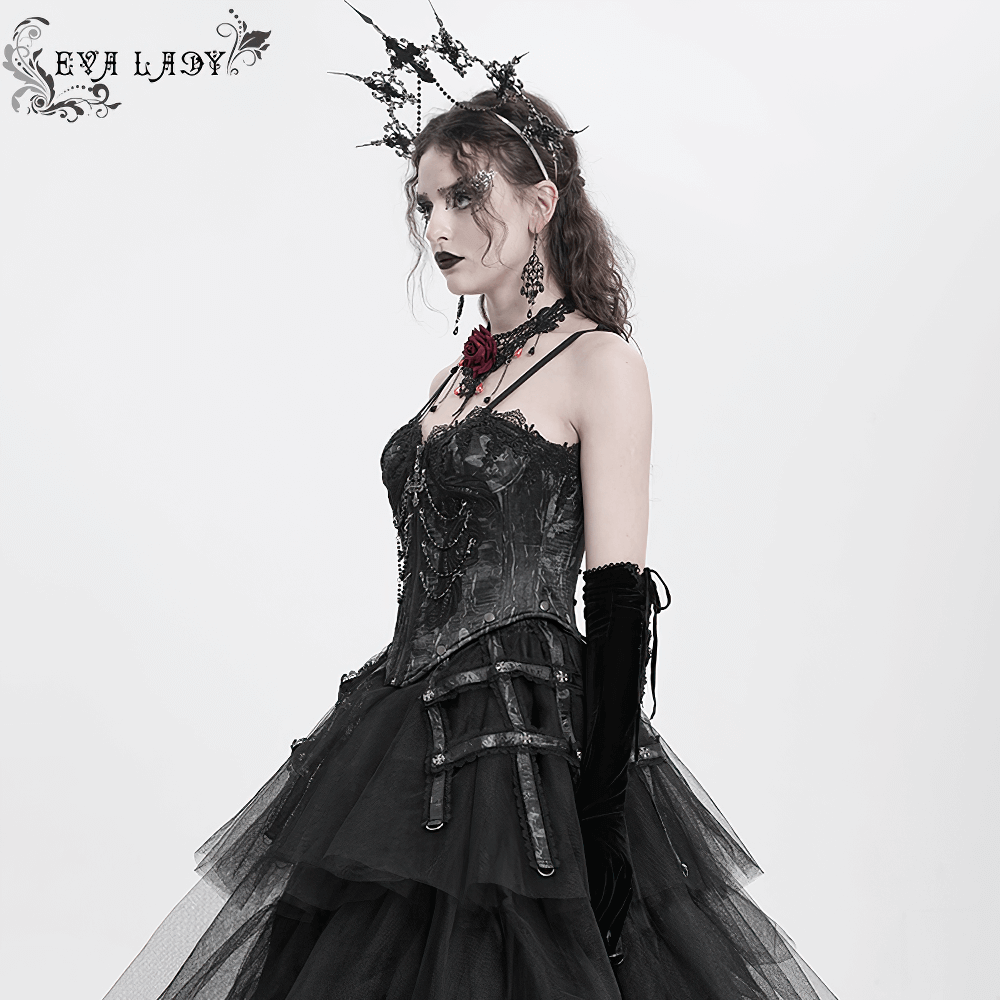 Dark Lace Gothic Corset with Chains and Garter Detailing