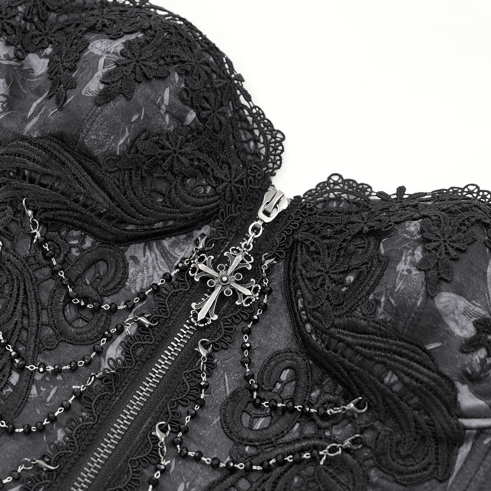 Dark Lace Gothic Corset with Chains and Garter Detailing