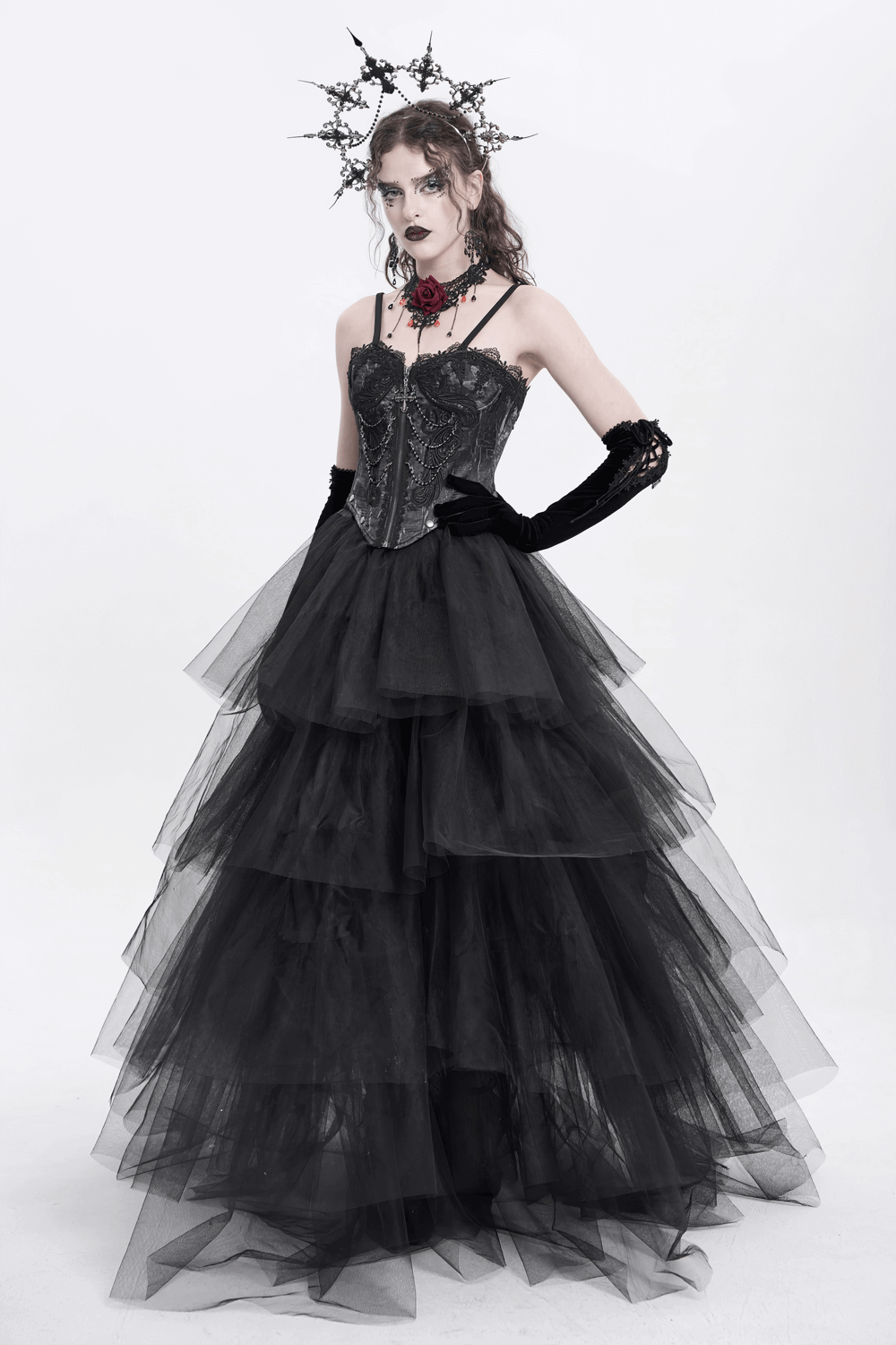 Dark Lace Gothic Corset with Chains and Garter Detailing
