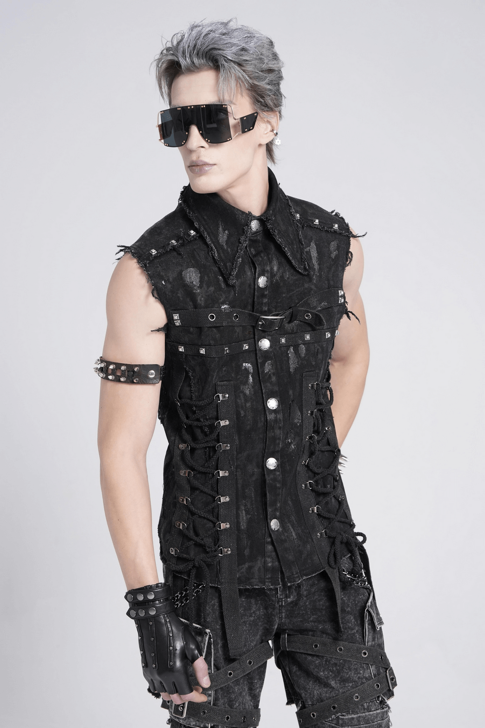 Denim Punk Shirt with Lace-Up Sides and Studded Accents