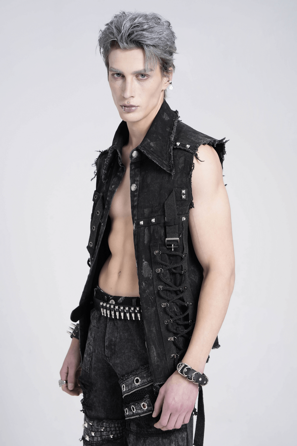 Denim Punk Shirt with Lace-Up Sides and Studded Accents