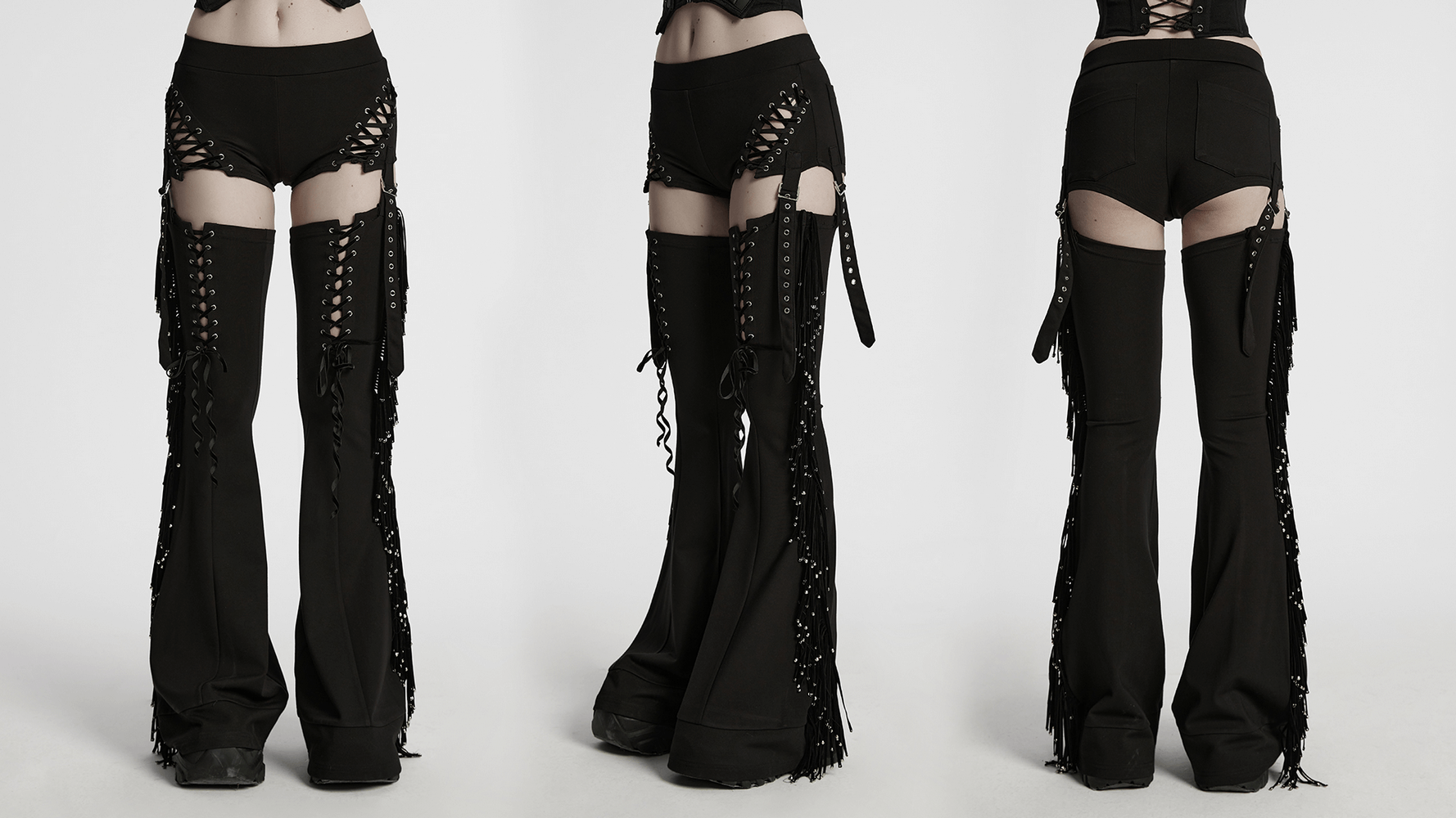Detachable Punk Tassel Pants with Flared Legs and Drawstring