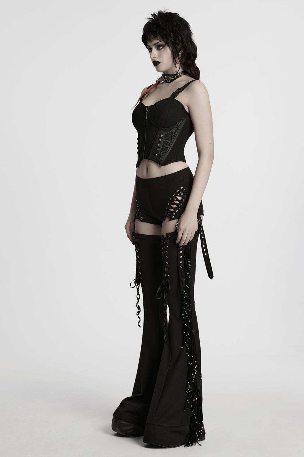 Detachable Punk Tassel Pants with Flared Legs and Drawstring