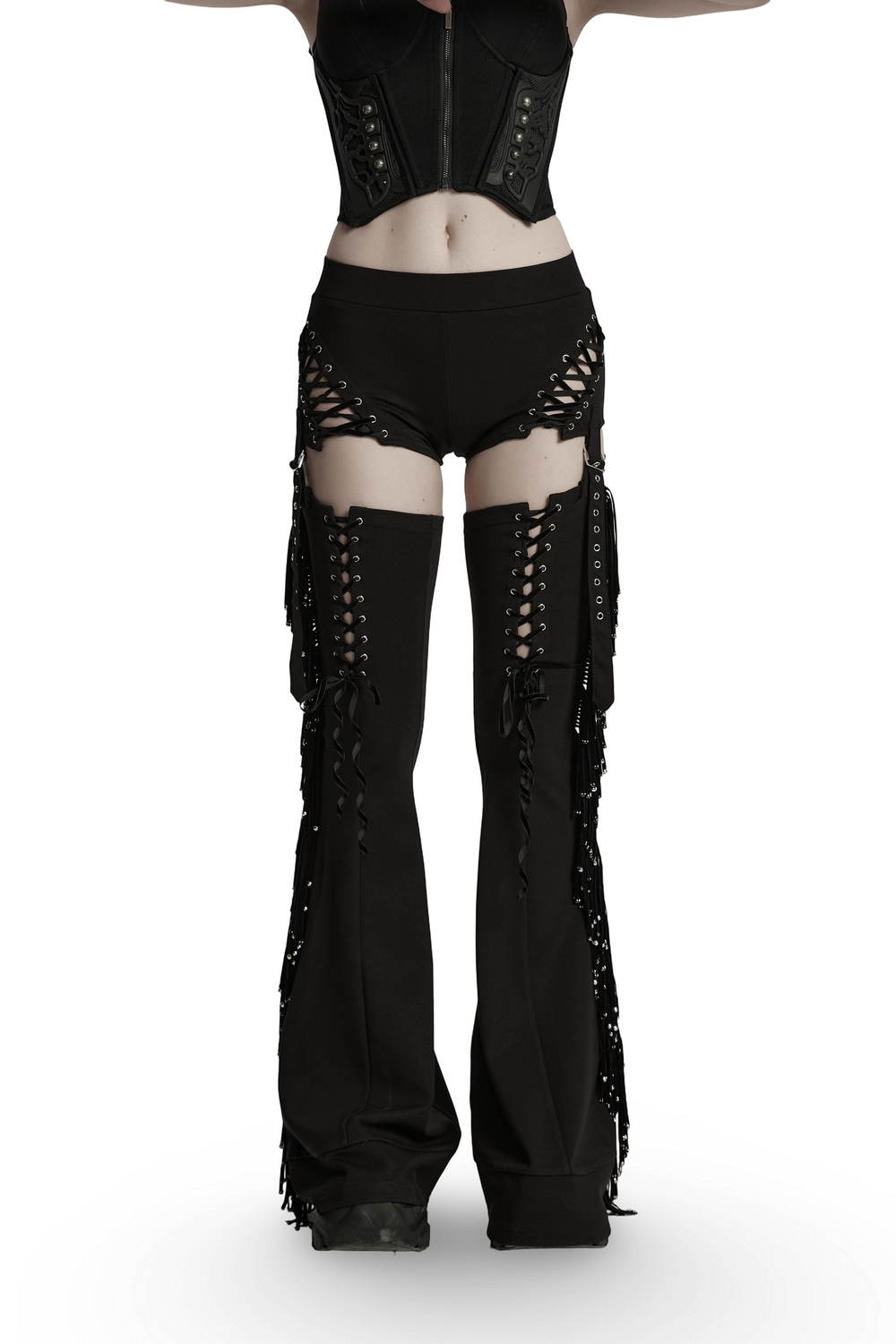 Detachable Punk Tassel Pants with Flared Legs and Drawstring