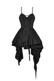 Stylish black distressed dress with asymmetrical ruffled hem and lace-up bodice for a gothic night out.