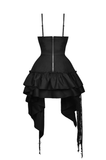 Edgy black distressed dress with asymmetrical ruffled hem and lace-up bodice, perfect for gothic and dark fantasy events.