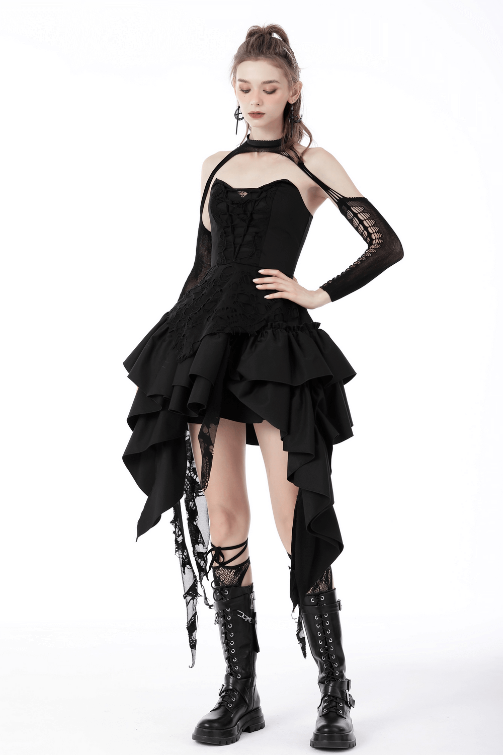 Edgy black distressed dress with ruffled hem, lace-up bodice, and gothic style, perfect for dark fantasy nights out.