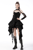 Edgy black distressed dress with ruffled hem, lace-up bodice, and gothic style, perfect for dark fantasy nights out.