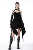 Edgy black distressed dress with asymmetrical ruffled hem and lace-up bodice, perfect for gothic night out.