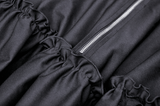 Close-up of black fabric featuring ruffled detail and a metallic zipper, perfect for a stylish gothic dress.