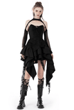 Edgy black distressed dress with asymmetrical ruffled hem, lace-up bodice, and strappy details for a gothic night out.