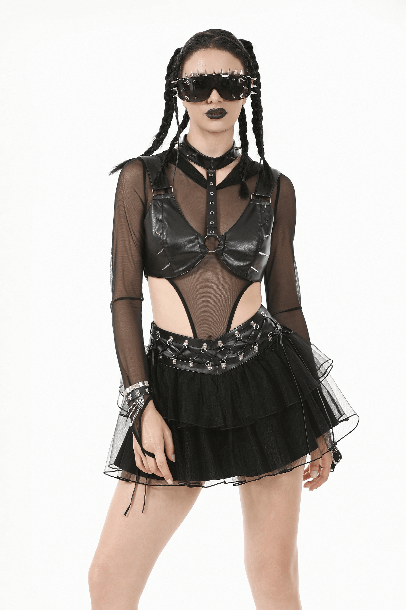 Edgy Bra Top with Spiked Accents and Bold Neck Harness